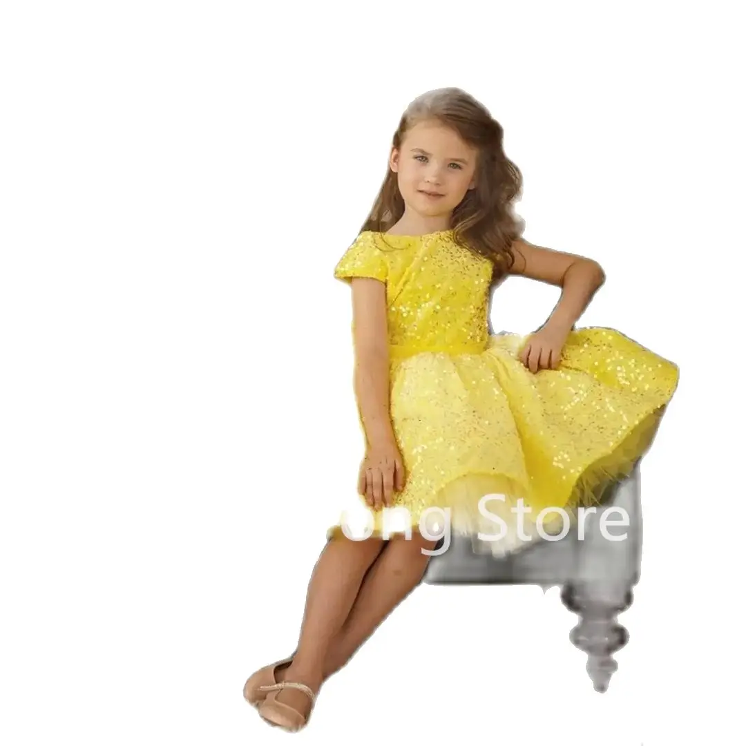 Sparkly Yellow Sequin Flower Girls Dresses Mini Ball Gown Kids Birthday Pageant Prom Dress With Short Sleeve