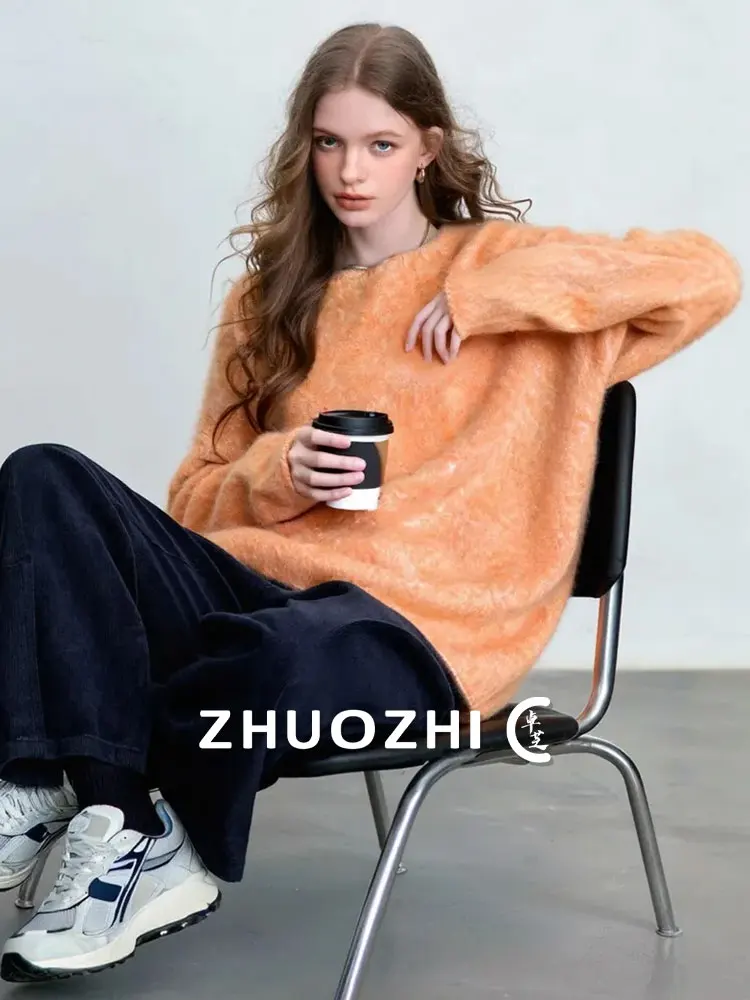 

ZhuoZhi Soft Cozy Knitted Sweater with Cuffed Loose Fit round Ne for Women in Orange Candy Color Blo Commute Sle 2025 A...