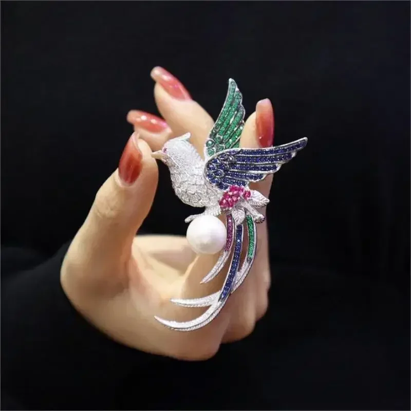 RUIF 2023 Elegant S925 Silver Three Colors Zircona 5A Gemstones Pearl  Hummingbird Brooch Jewelry for Woman Gift