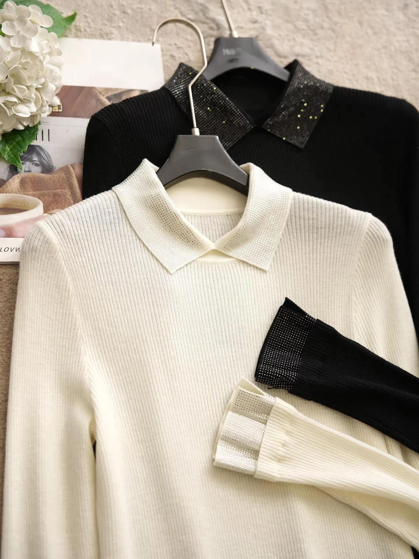 Elegant Women's Knitted Sweater Wool Collar Beaded Diamond Bell Sleeve Slim Fit Base Layer Knitwear Fashionable Commute Style view 2