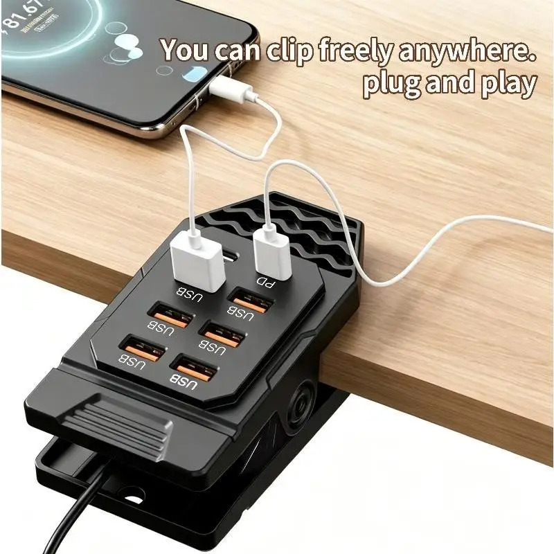 Clamp-Mounted USB Splitter 6 USB-A + 2 Type-C Ports USB-A Input with Independent Data Channel, Desk Clamp Power & Data Hub