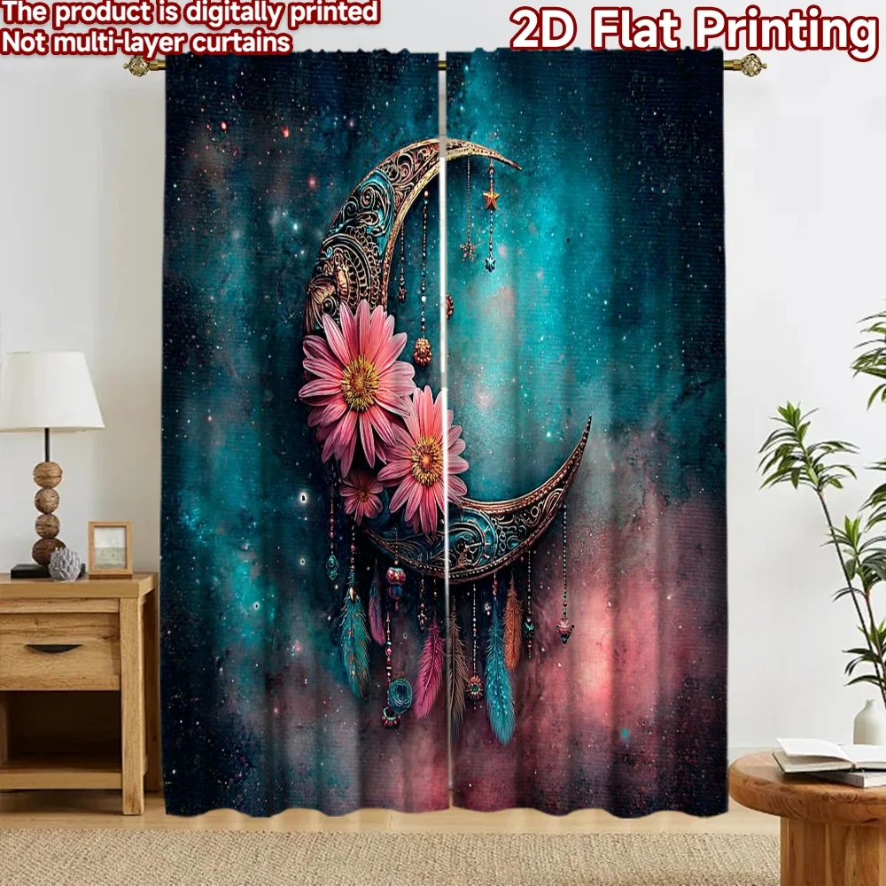2D flat 2pcs Curtain Country Style Curtains Boho Crescent Flowers Digitally printed polyester Family Party Decoration Use for