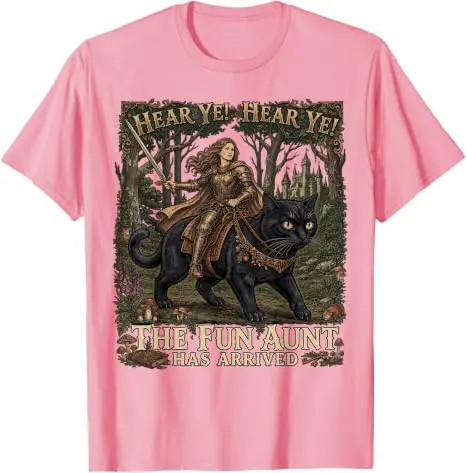 Mittelalterliche Renaissance Ritterkatze Lustige Tante Kleidung Vintage T-Shirt Lustiges „Hört ihr, hört ihr, die lustige Tante ist angekommen“ Ritterkatze T-Shirt – Detail 8