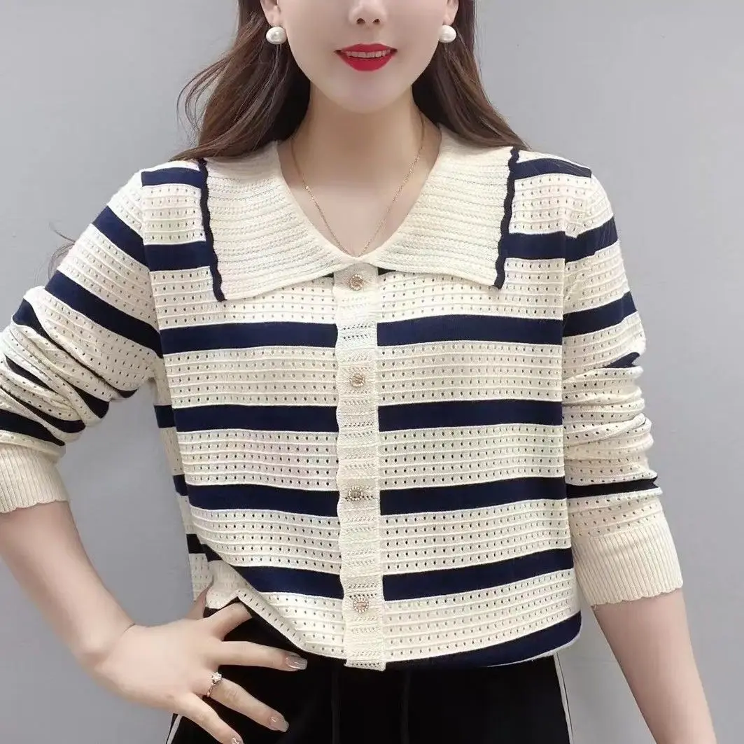 

Тонкий длинный вязаный свитер с воротником-стойкой, в полоску, базовый слой, маленький размер, отложной воротник, осенняя мода, для повседневной носки