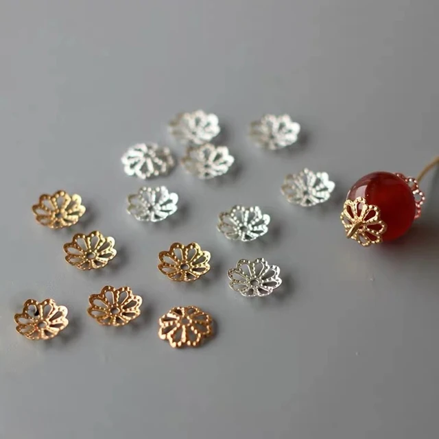 200 sztuk/partia 9mm srebrne pozłacane płatek kwiatu koniec koraliki dystansowe czapki Charms koralik kubki do tworzenia biżuterii Diy akcesoria