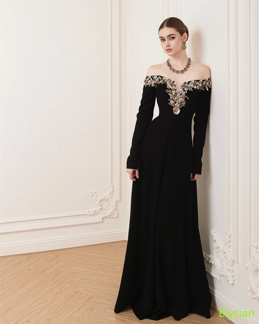 Customized  Graceful Black Jersey Evening Dress Boat Neck Off the Shoulder Long Sleeves Celebrity Gowns Special Occasion Gowns