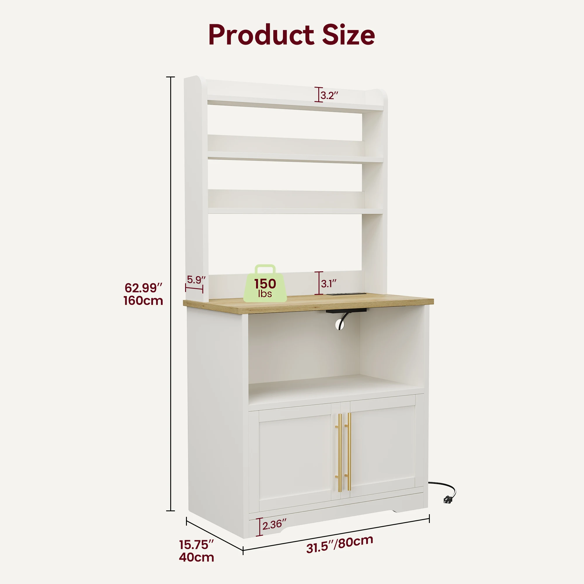 Spacious Freestanding Bakers Rack Cabinet with Power Outlet Thickened Countertop, Large Storage Easy Assembly Ideal for Dining Room or Kitchen
