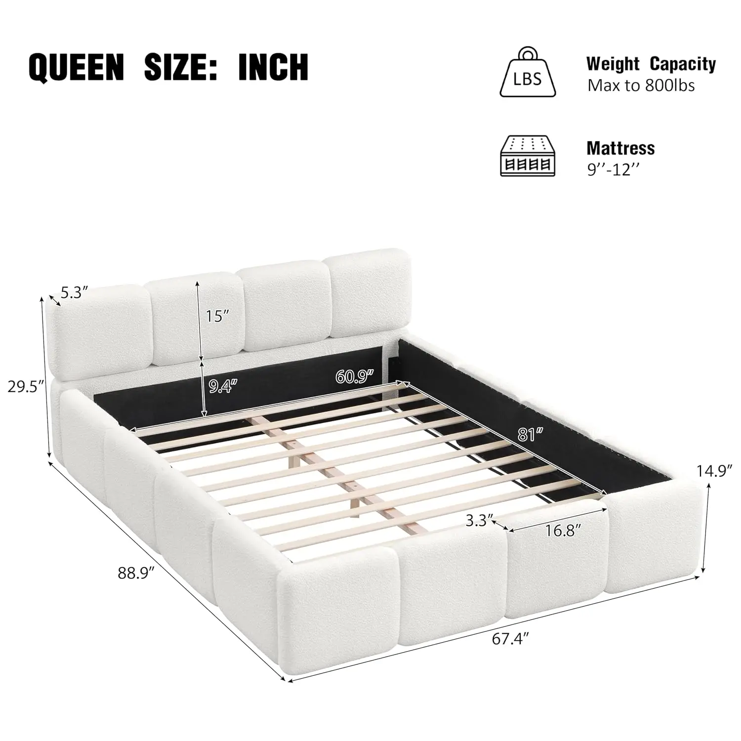Queen Boucle Upholstered Floor Bed with Headboard White, Customized