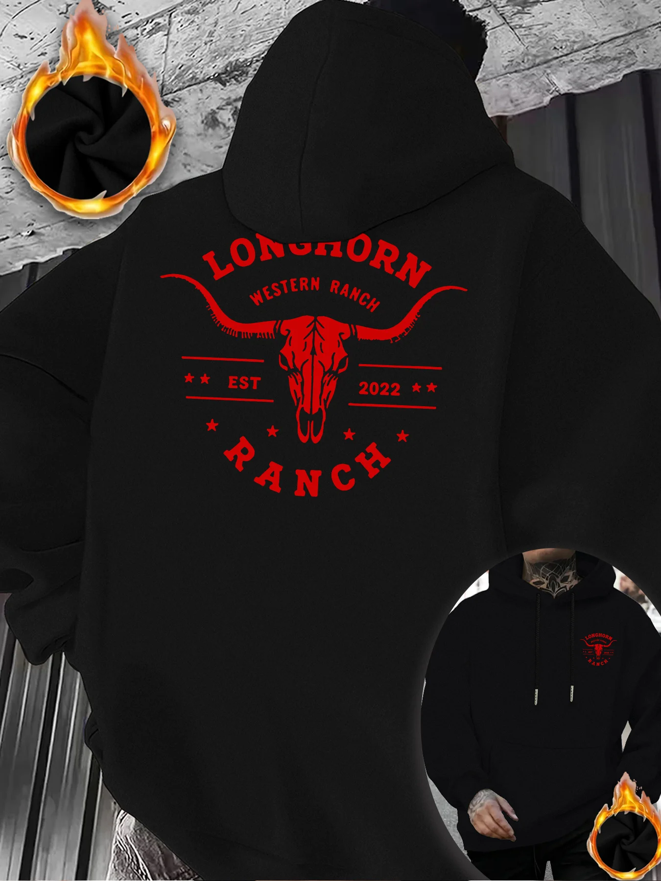 Herren Longhorn Western Ranch Bull Skull Grafik-Hoodie, bedruckter Cowboy Vintage Kapuzenpullover, locker geschnittener, übergroßer, lässiger Pullover. – Detail 2