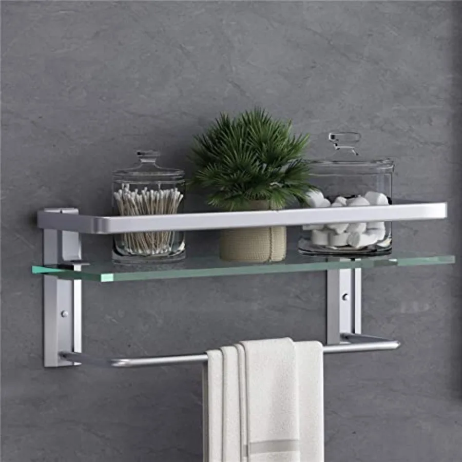 

Glass Shelf with Towel Bar 15.7in Silver Bathroom Shelf Wall Mount Rustproof Bathroom Wall Organizer 1 Tier Silver
