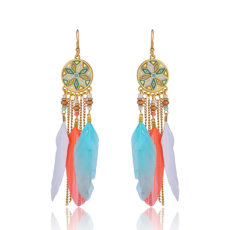 Böhmische lange Feder-Ohrringe für Frauen, klassische ethnische Retro-Temperament-Kette, Blatt-Perlen-Quasten-Ohrringe, Boho-Hochzeitsschmuck – Detail 25