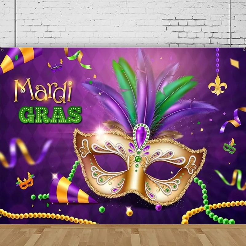 Mardi Gras Photography Backdrop-Masquerade Purple Mardi Gras Banner Mask Carnival Poster Party Interior Decor Background Banner