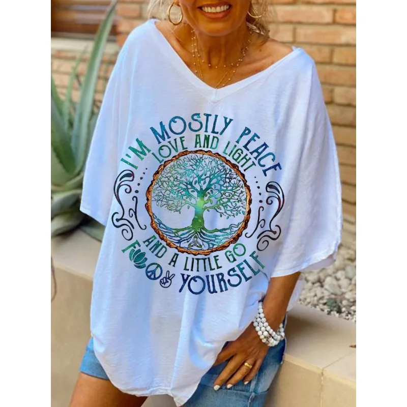ilstile Women's Hippie Flower Print T-Shirts Summer Short Sleeve Casual Loose V Neck Long Tops White Black Tees Hot Sale
