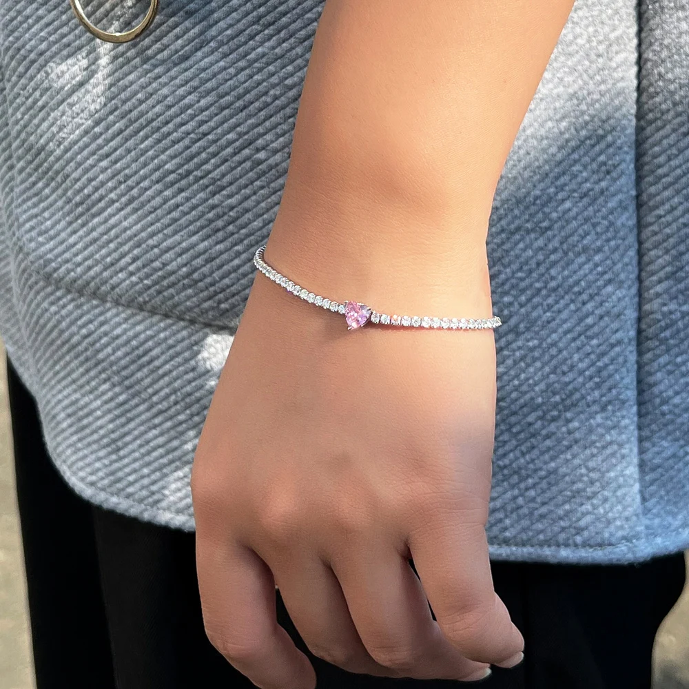 QooLady 925 Sterling Silver Tennis Chain Bracelets for Women Love Heart Pink Cubic Zircon Party Valentine Day Jewelry Gift SB017
