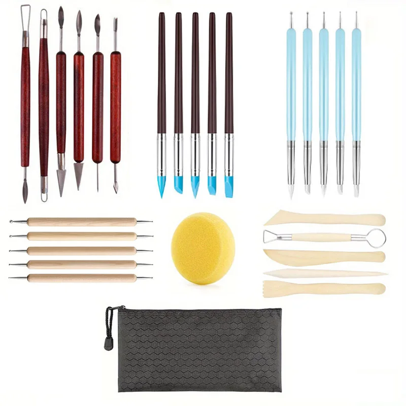 28Pcs Wooden Sculpting Tools Clay Polymer Tools Beginners Professionals Ceramic Arts and Crafts DIY Dotting Tool Home School Use