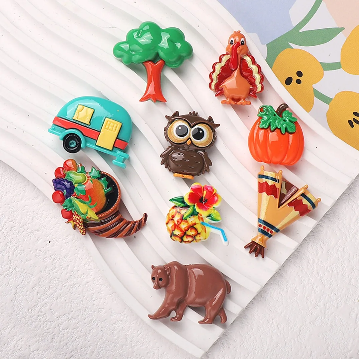 Z61 5Pcs Resin Fun Colorful Turkeys Owl Grass House Pumpkin Fruit Drink Flatback Stone Decor DIY Scrapbook Accessories Material
