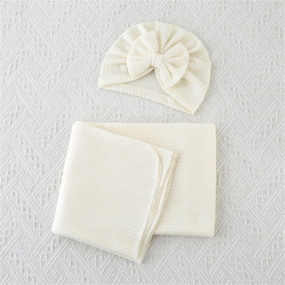 Newborn Baby Swaddle Blanket Set With Bowknot Decorated Hat, 1pc Blanket And 1pc Wrap