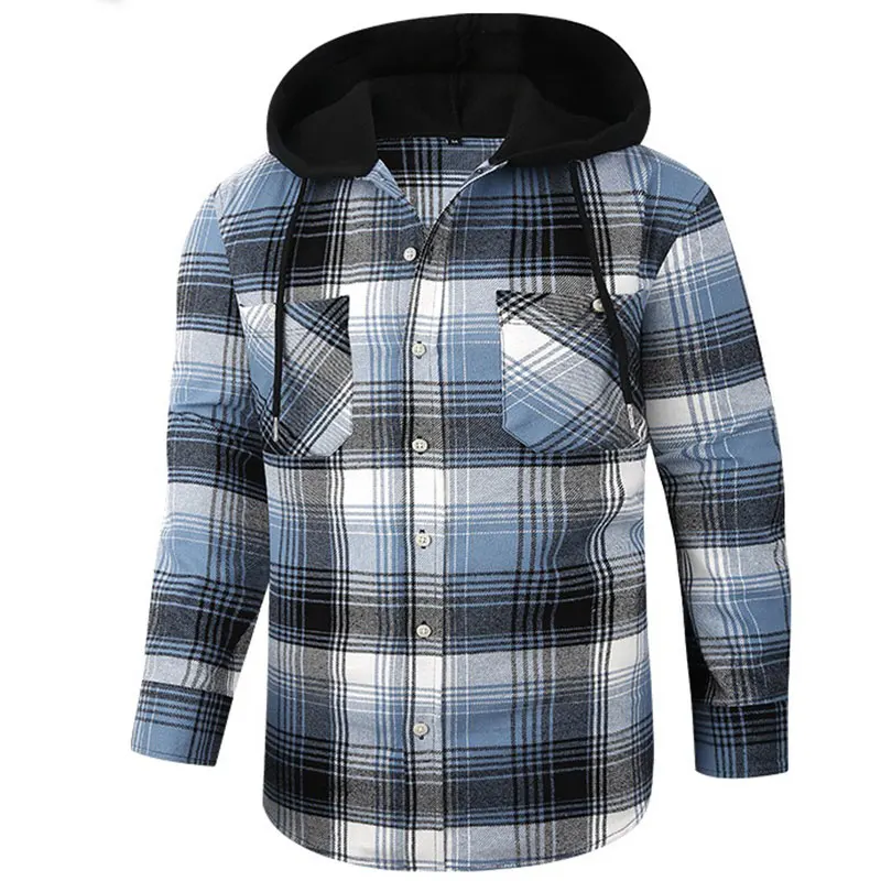 Spring and autumn new fashion hooded double pocket daily casual plaid flannel men\'s long-sleeved shirt wool coat American code