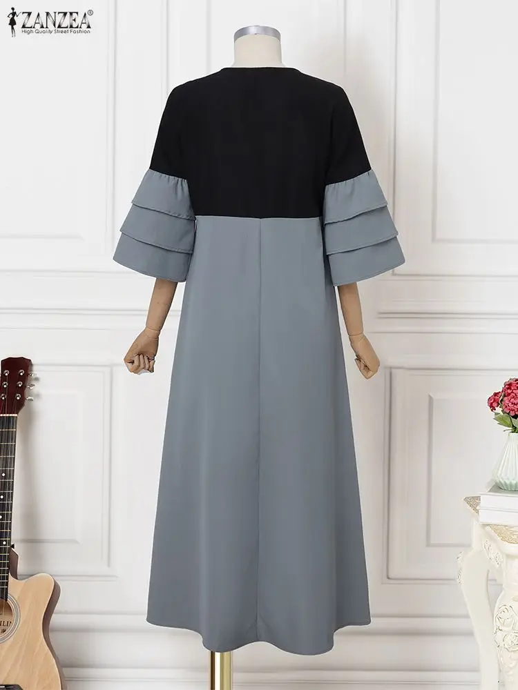 ZANZEA 패션 맥시 드레스 2025 여성 가을 3/4 러플 소매 롱 선드레스 V넥 컬러 패치워크 캐주얼 루즈 베스티도스