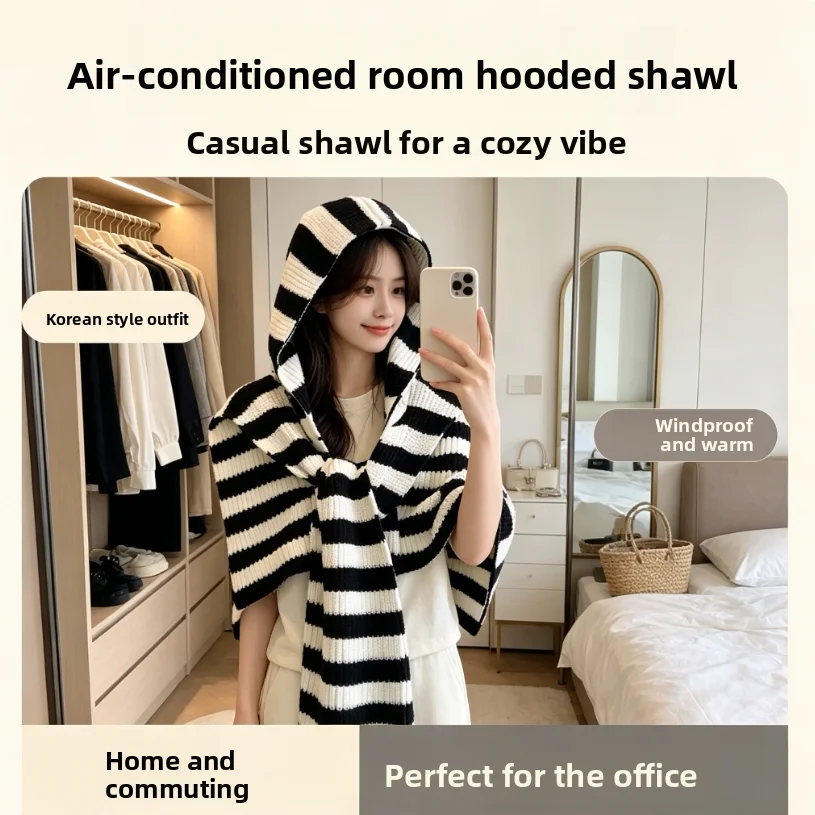 Office Fashion Striped Hat Neck Warmer Knitted Scarf Shoulder Cover  Outerwear Warmth Protection against Direct Air ...