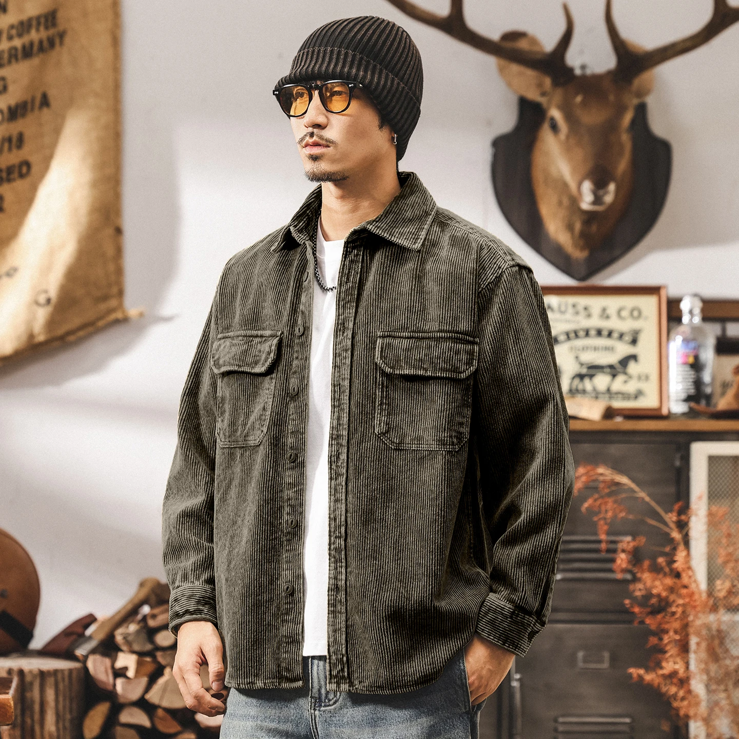 Spring and Autumn trendy brand retro workwear shirt, men's long-sleeved shirt, loose corduroy jacket