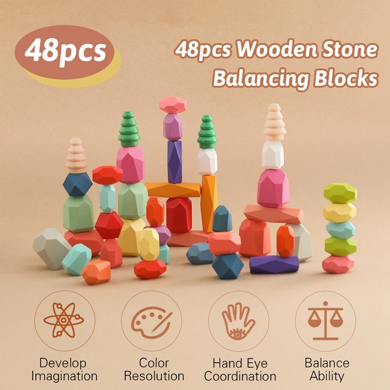 Wooden Sorting Stacking Rocks Stones Sensory Toddler Toys Learning Montessori Toys Building Blocks Game Kids Birthday Gifts Toys