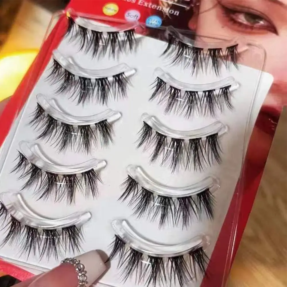 5Pairs 3D Mink Cat Eye Lashes Transparent Stem End Eye Elongated Eyelashes Full Strip Wispy Volume Fox Eye Lashes Makeup Fake