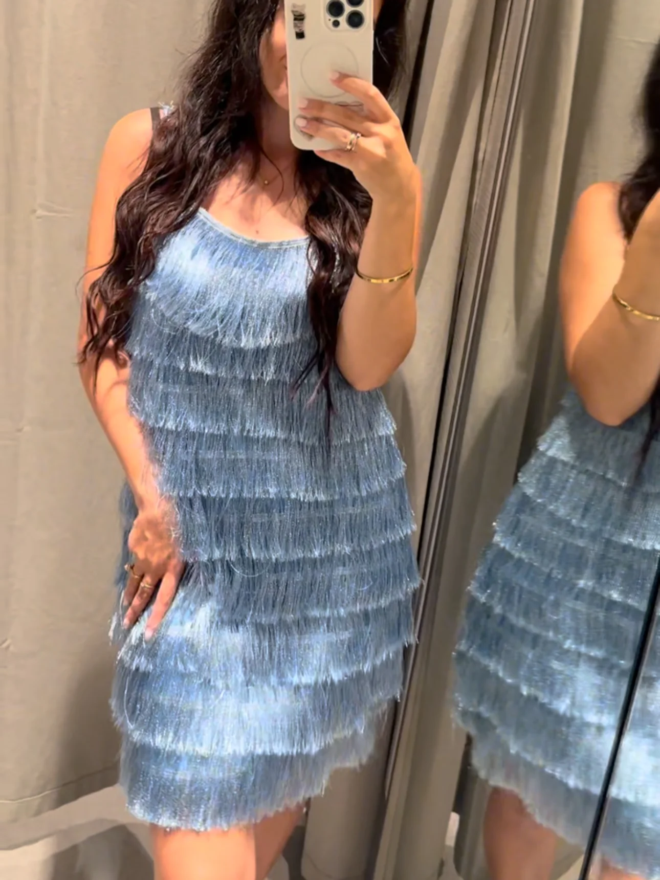 

Women Straight Neck Fringed Mini Dress Blue Sleeveless Slip Short Dresses New Female Elegant Fashion Birthday Party Dress