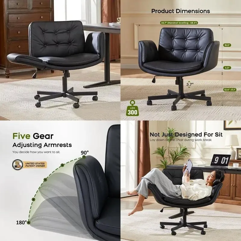 Swivel Leather Lift Chair with Crossed Armrests Wheels Comfortable Foldable Desk for Home Office