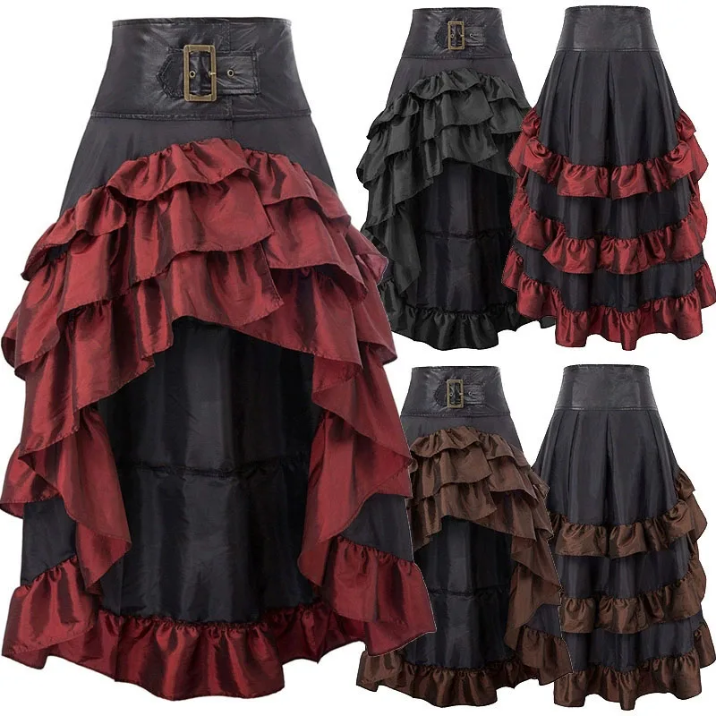 Gothic Punk Y2K Long Skirt for Women Cosplay Vintage Asymmetrical Ruffled Lotus Trim Skirts Female 2025 High Waist Maxi Skirts