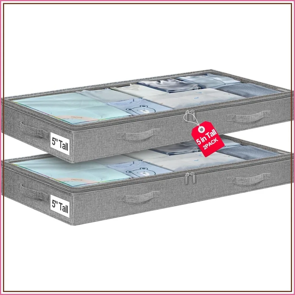 5 Inches High Low Profile Under Bed Storage Containers, Soft Fabric Zippered Bins for Clothes and Blankets, 2-Pack Grey