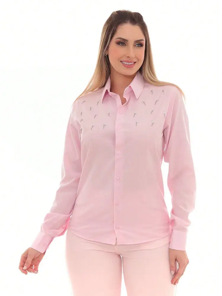 Pink Slim Long Sleeve Women's Social Shirt with Rhinestone