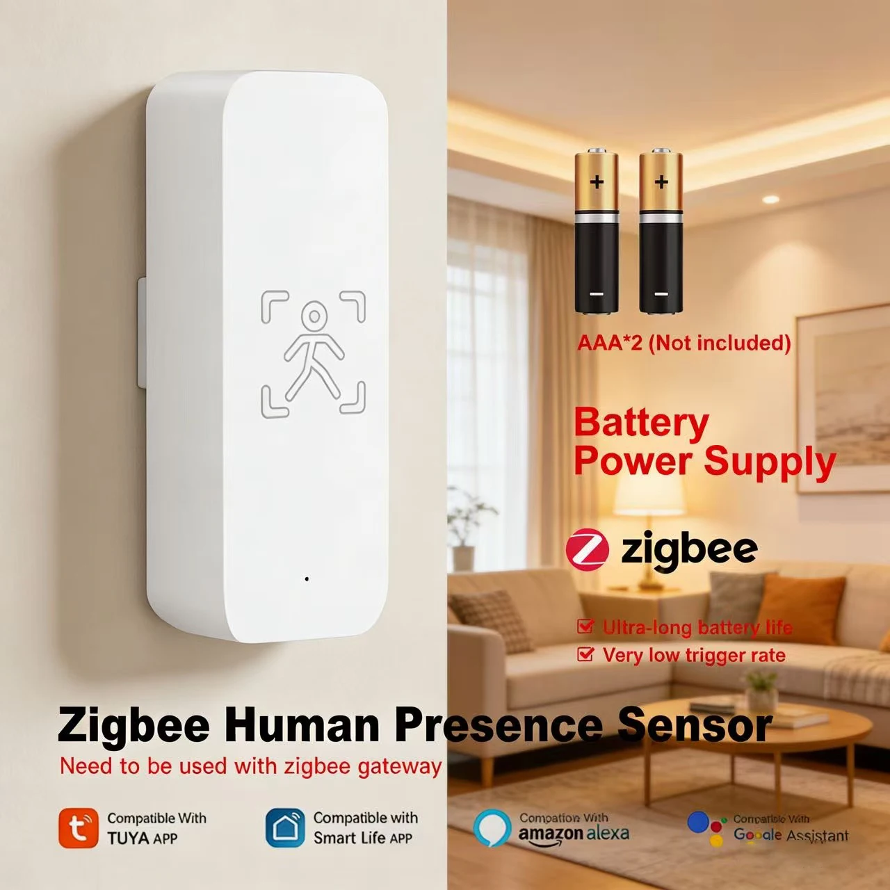 

Датчик присутствия человека 24G Radar Zigbee, управление через приложение Tuya Smart Life, высокоточный детектор движения, работающий от батареи