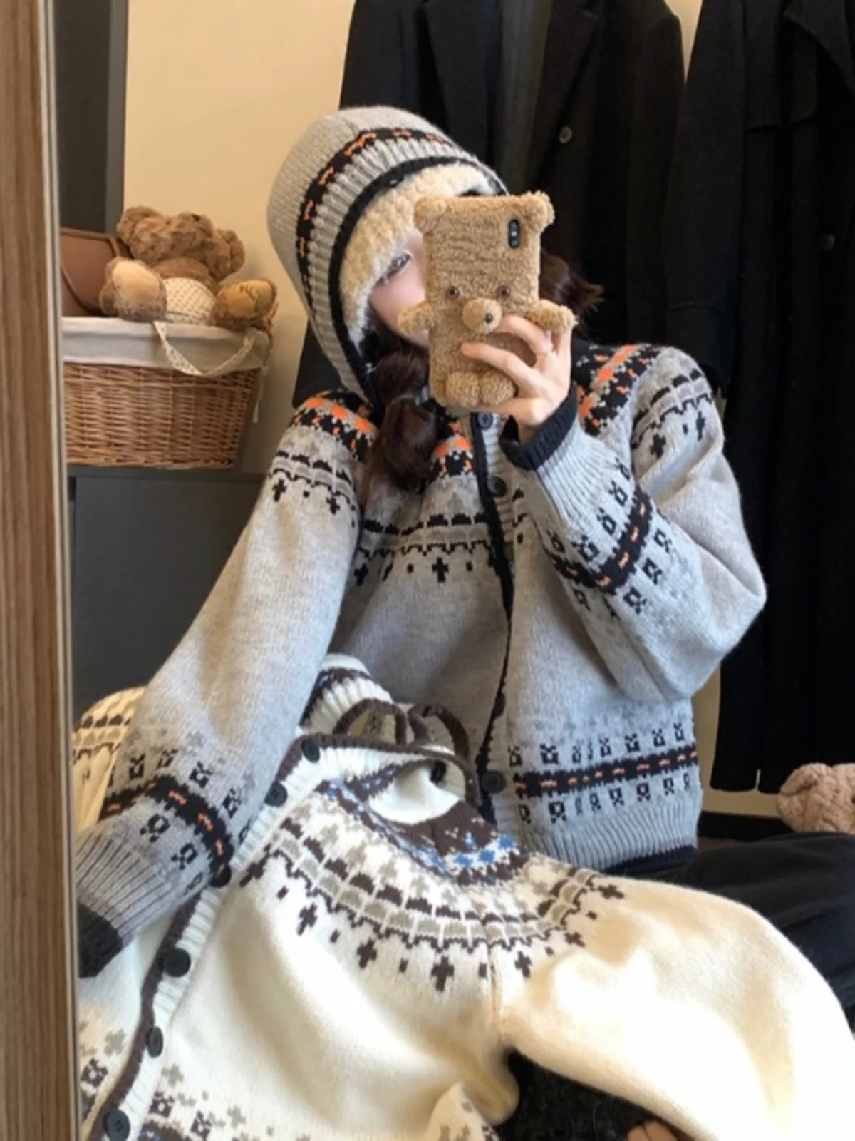 Cardigan lavorato a maglia con cappuccio color sangue retrò Fair Isle donna inverno maglione sciolto morbido e sfocato per college Jaet per taglie forti