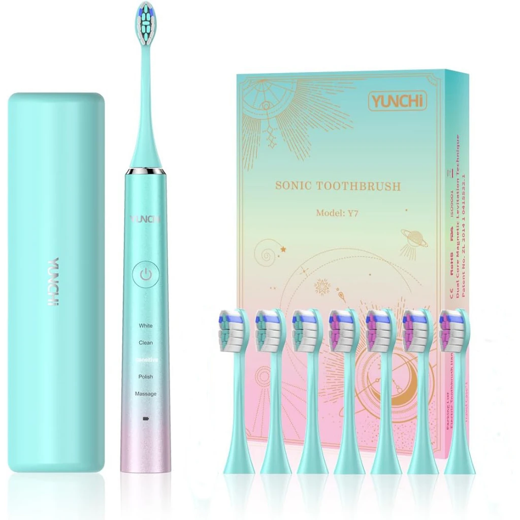Yunchi Y7 Electric Toothbrush Rechargeable Sonic Adult Electric Toothbrushes Dupont Replacement Brush Heads 5 Brushing Modes