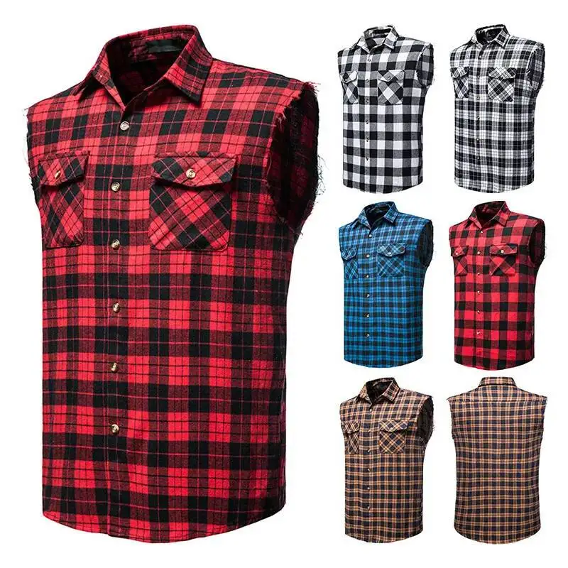 Size 2024 Summer New European Men's Casual Sleeveless Shirt Fashion Plaid Multi-color Shirt