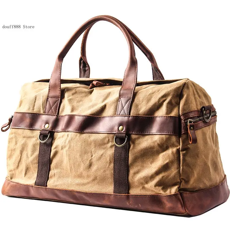 Travel Large Capacity Waterproof Oil Wax Cowhide Canvas Crossbody Carrying Luggage Bag for Men