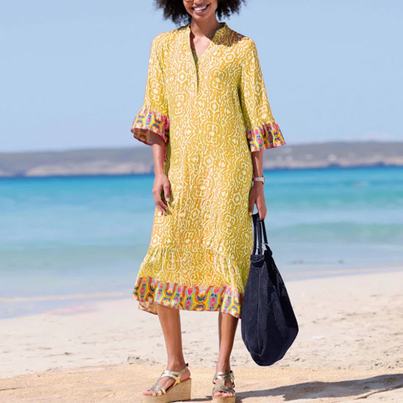 Neue Mode Damen V-Ausschnitt A-Linie Boho Kleider Sommer Vintage Muster Drucken Lose Kleid Casual Halbarm Patchwork Strandkleid