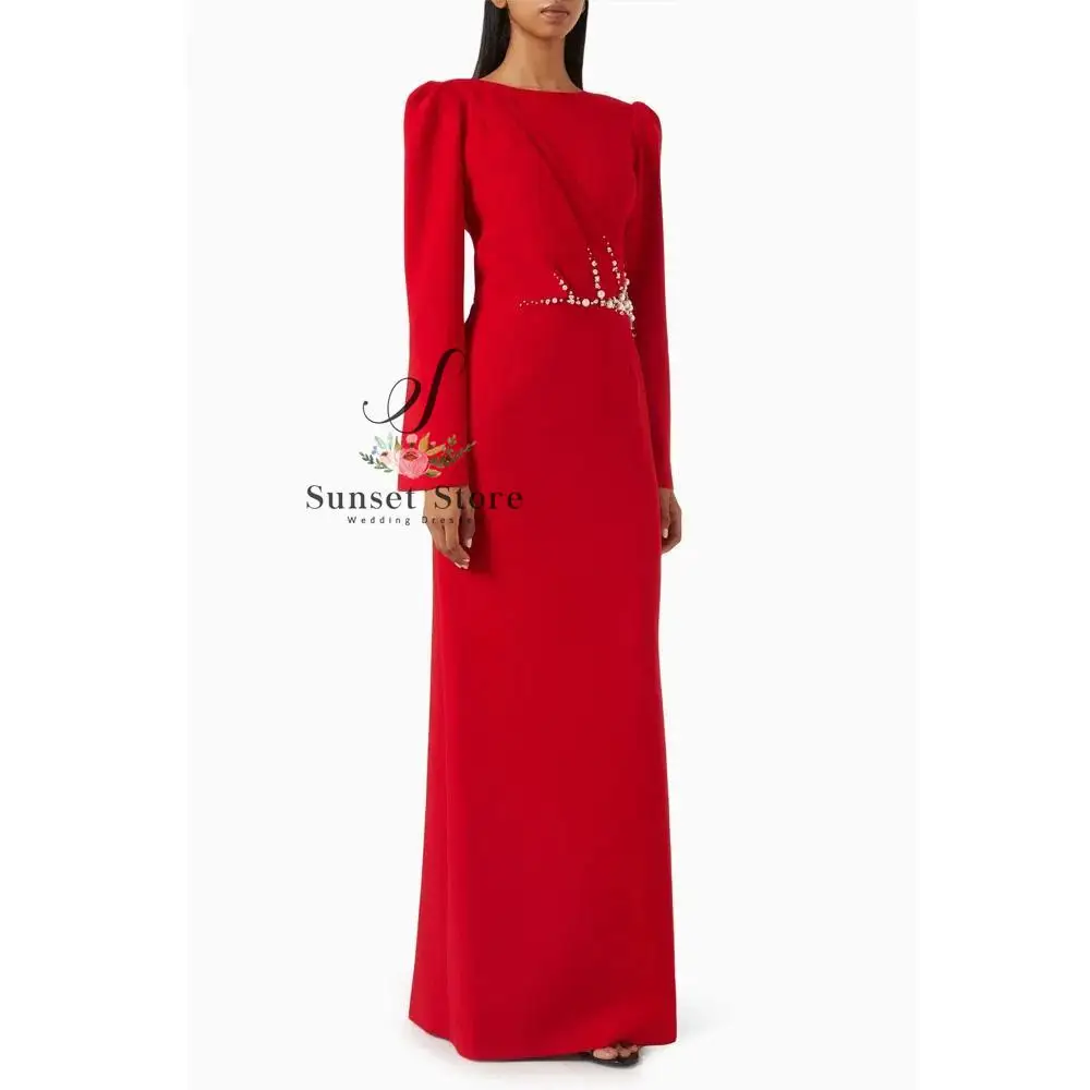 

Красное креповое вечернее платье по индивидуальному заказу с круглым вырезом, тонкое платье русалки для выпускного вечера с бисером, 2025 год, вечернее платье с длинными рукавами