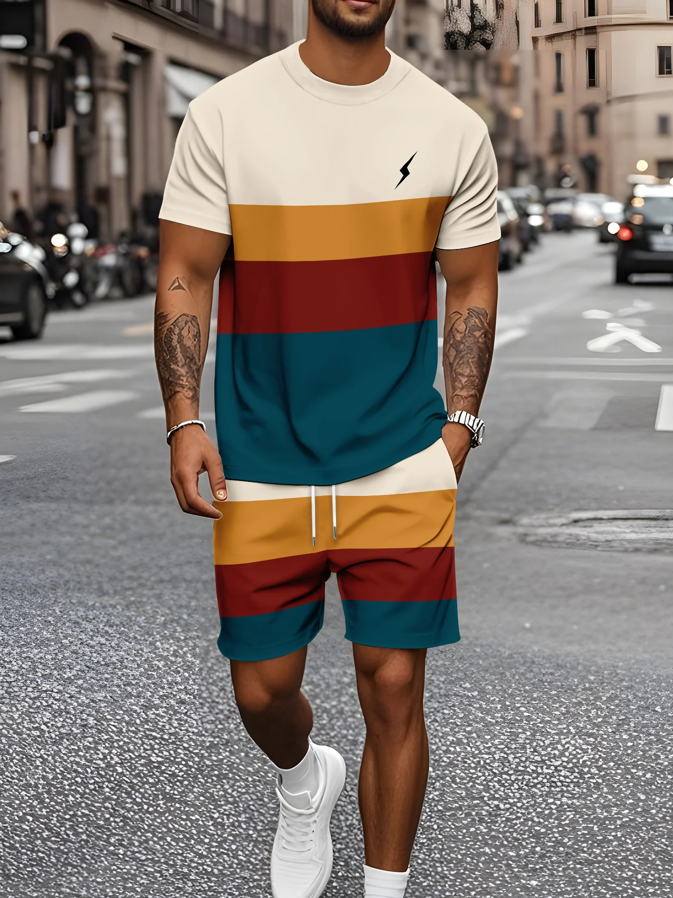 

2026 New Summer Men's Patchwork Print Short-Sleeve Shirt and Shorts Set – Outdoor Sports Style – Fashionable Two-Piece Set