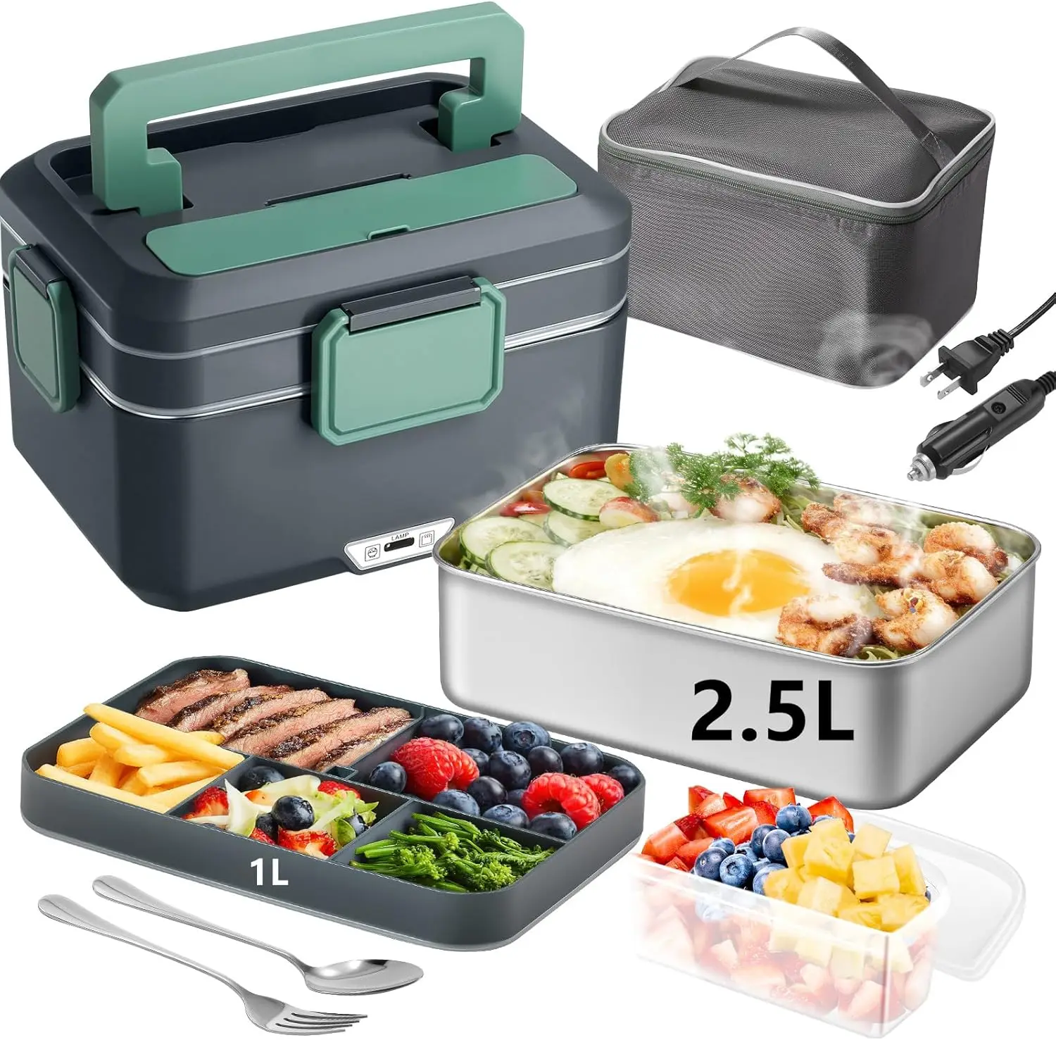 

Electric Heated Lunch Box 3.5L 90W, 2-Layer Portable with 2.5L Stainless Steel Container for 12V/24V/110V, Home/Car/Office/Truck