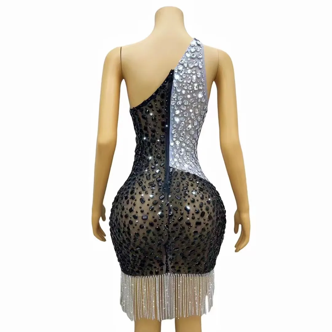 Sexy Luxurious Birthday Celebrate Black White Crystals Dress Sleevelesss Silver Chains Transparent Rhinestones Fringes Dress