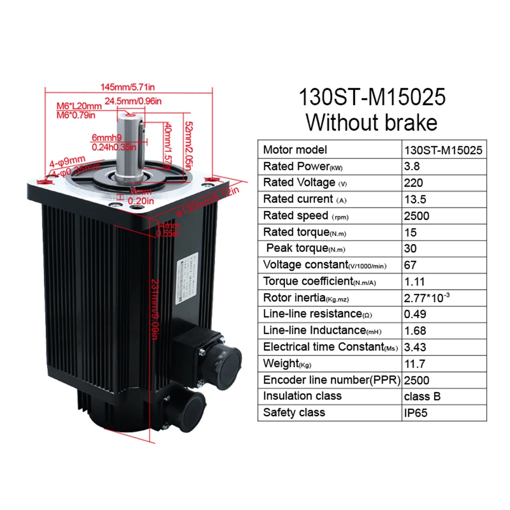 HLTNC 130ST-M15025 With T3DF RS485 Driver 3.8KW 220V/380V AC Servo Motor Kit With Brake 2500 RPM 15Nm Torque CNC Machine