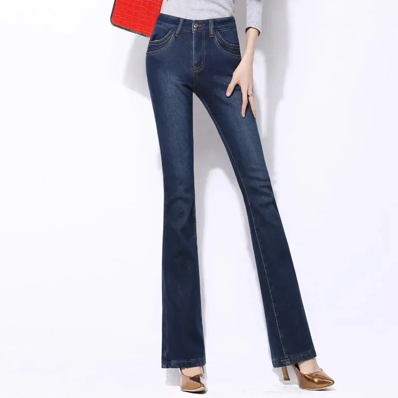 Damen Winter Skinny warme Jeans hose Plüsch gefüttert hohe Taille Vaqueros verdicken Vintage Schlag hosen große Größe 26-34 Flare Jeans