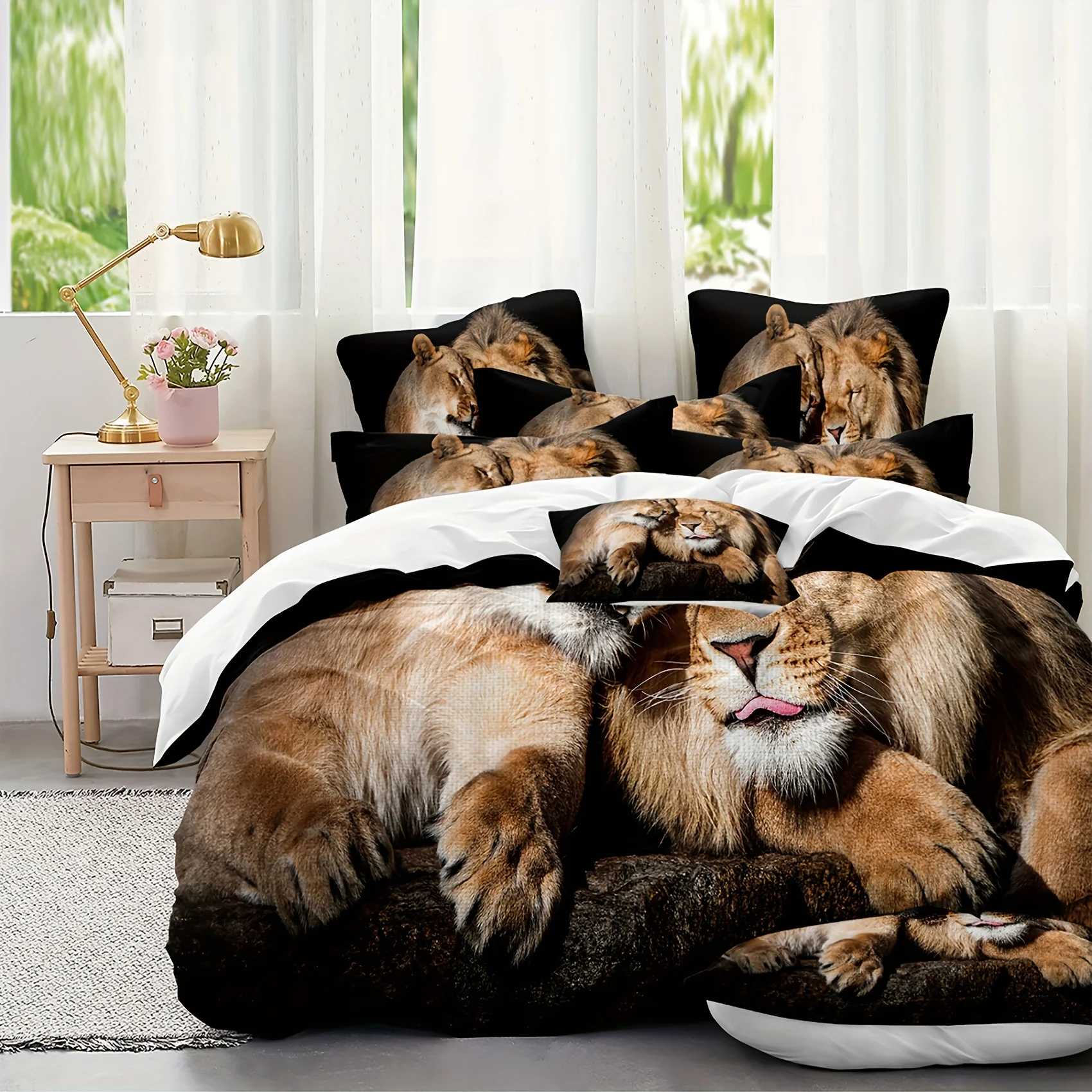 Sleeping Lion Couple Bedding Set Funny 3D Print Duvet Cover Pillowcase Wrinkle Resistant Anti-Slip Durable For Bedroom Decor