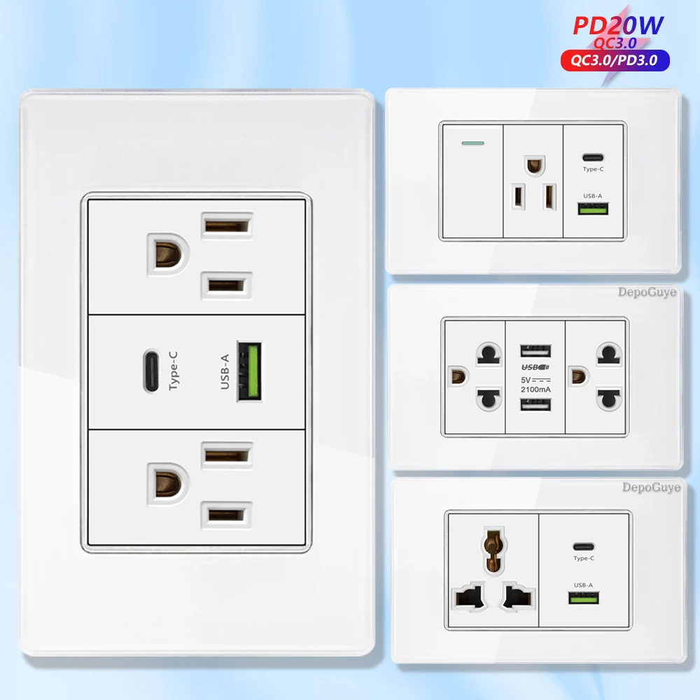 

American USB Smart Type-c 20W Quick Charge Wall Power Outlet,Home Light Electrical Switch Panel,Mexico Thai Dual usb Socket Plug