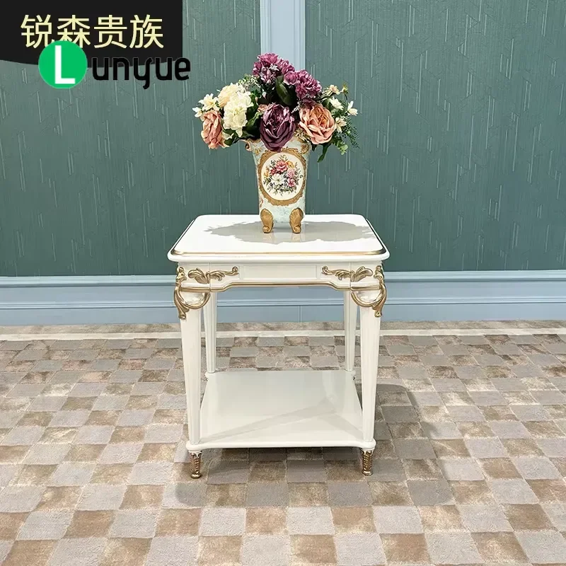 French Solid Wood Small Coffee Table European Luxury Carved Corner Side Table for Living Room Bedroom Elegant Home