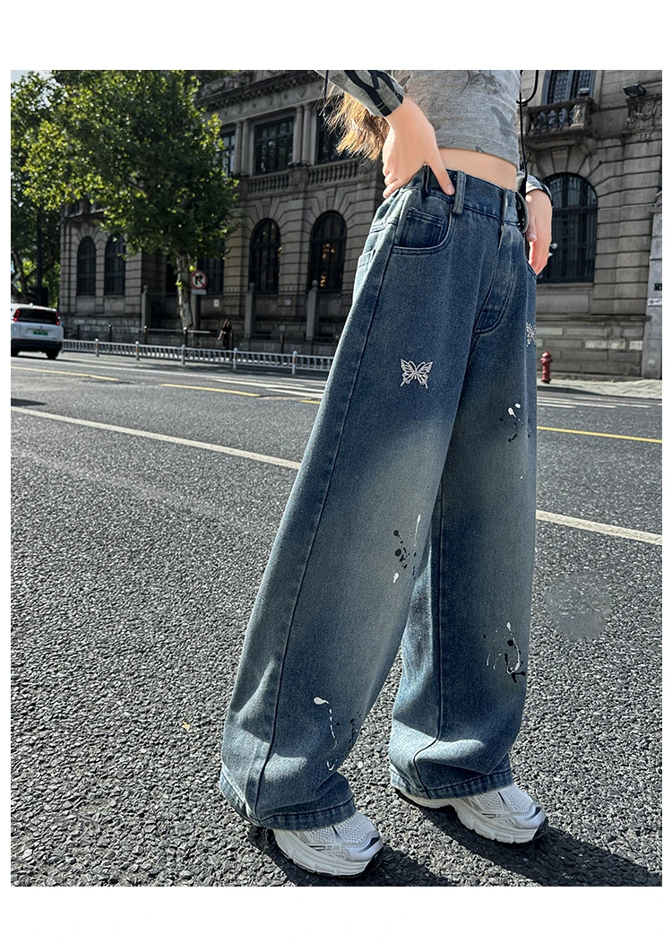 Neue Kinder-Modejeans mit Schmetterlingen für Mädchen, Stylische Gerade Denim-Hosen, Kinder-Teenager-Jeans im Loose-Stil – Detail 9