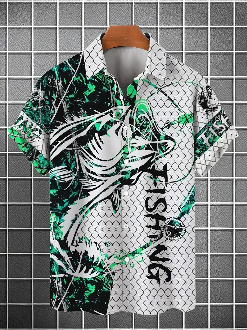 Men's Casual Fishnet Print Short Sleeve Hawaiian Shirt - Breathable Polyester, Perfect for a Summer Getaway