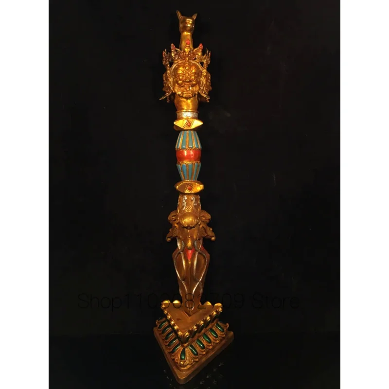 67cm  Pure copper painted Tantric Nepalese artifact, horse head Ming King Puba Vajra pestle base, horse head pout ornament